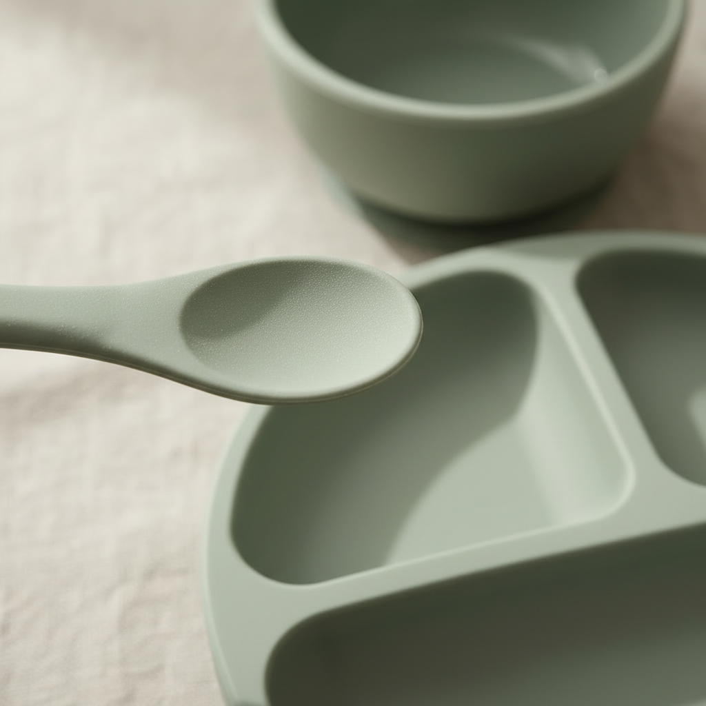 Sage green silicone baby dining set with utensils and plate