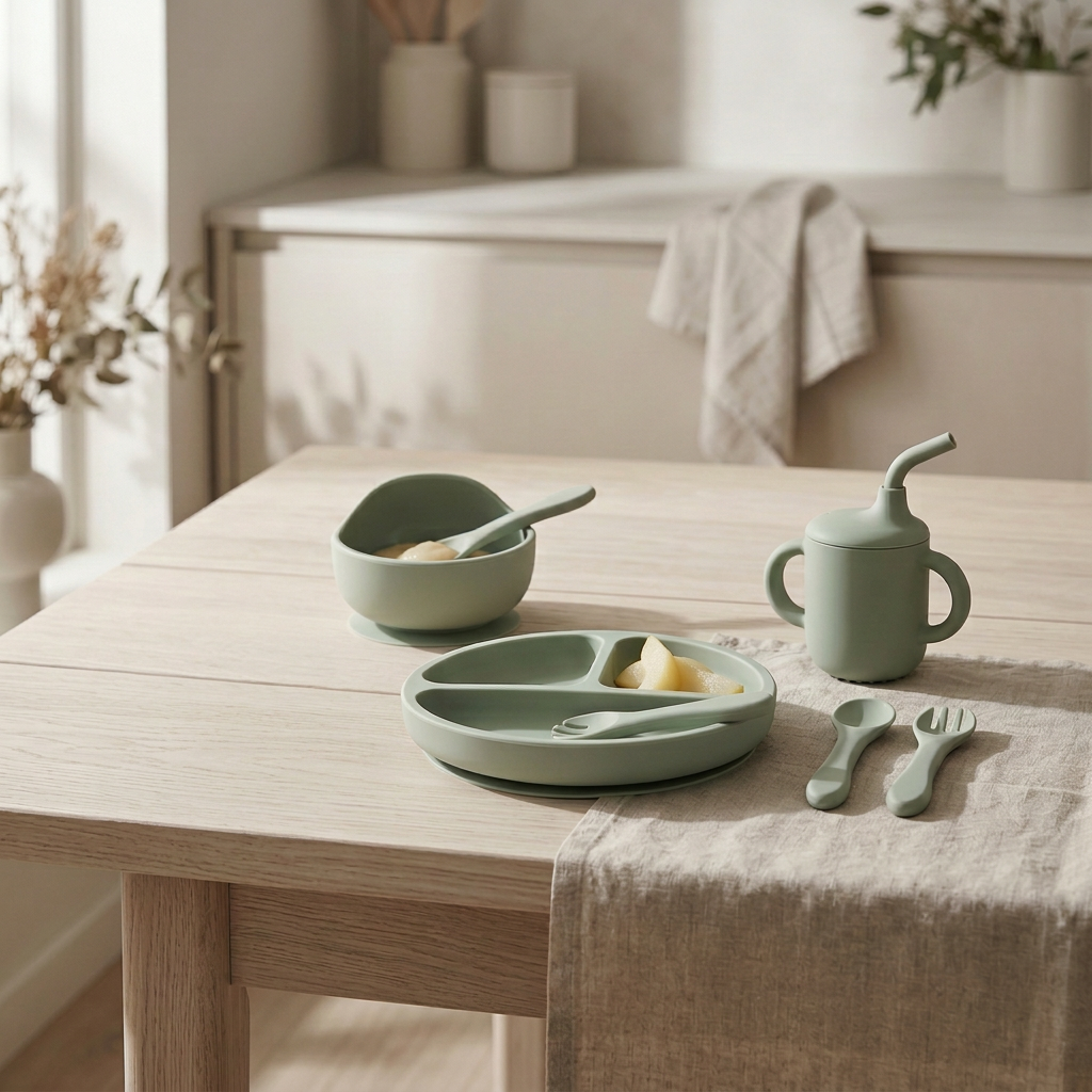 Sage green silicone baby dining set with utensils, cup, bowl and plate