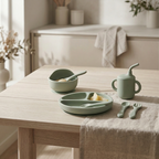 Sage green silicone baby dining set with utensils, cup, bowl and plate