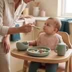 Sage green silicone baby dining set with utensils, cup, bowl and plate