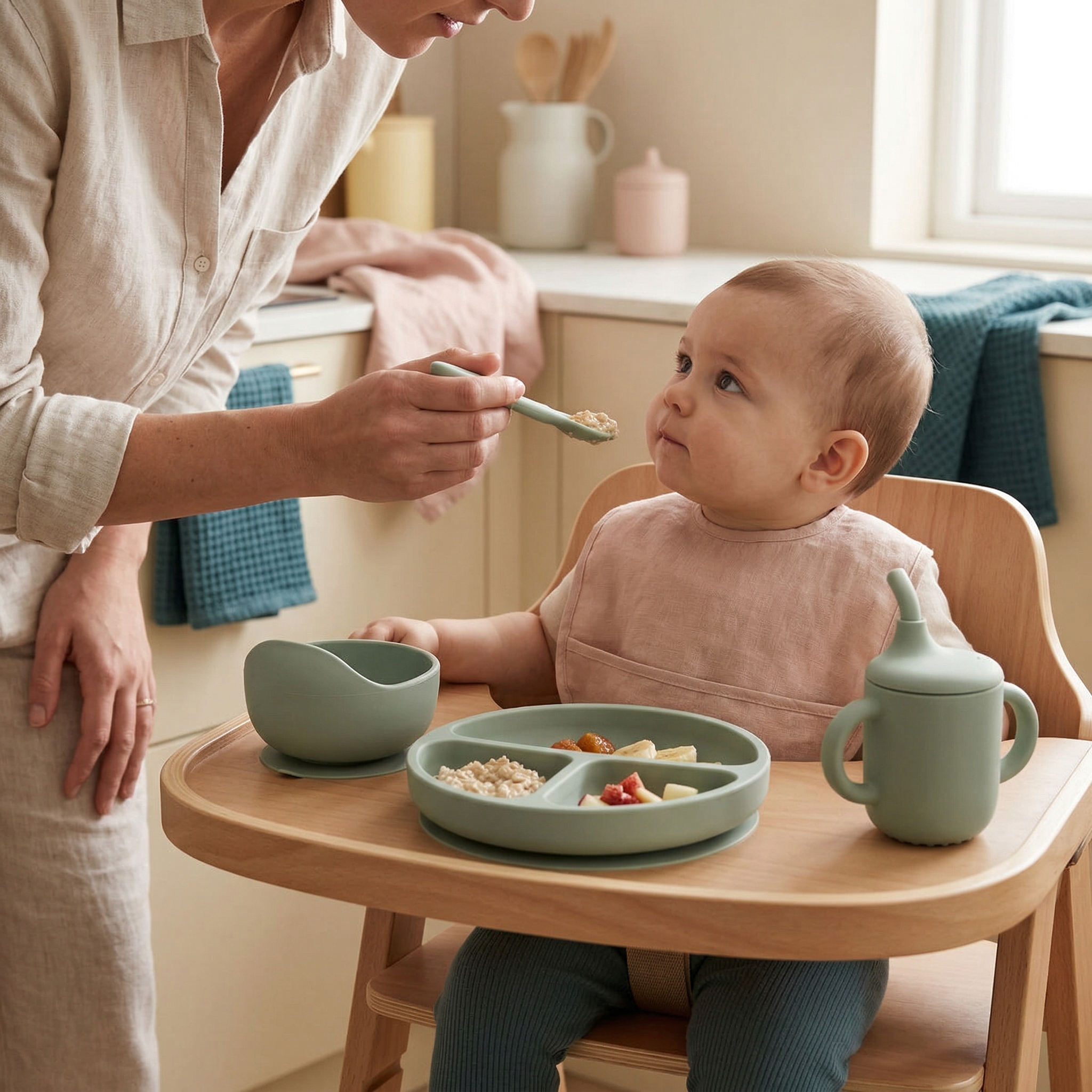 Sage green silicone baby dining set with utensils, cup, bowl and plate