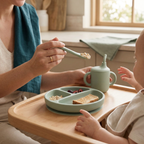 Sage green silicone baby dining set with utensils, cup, bowl and plate