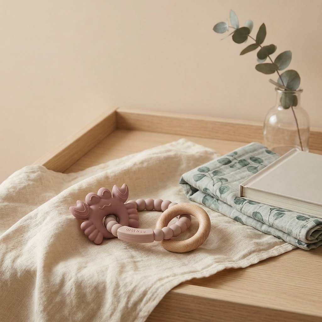 Soft pink silicone baby teether with beechwood ring