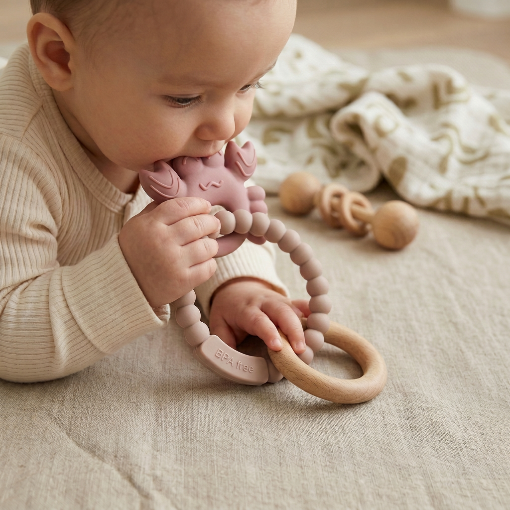 Soft pink silicone baby teether with beechwood ring