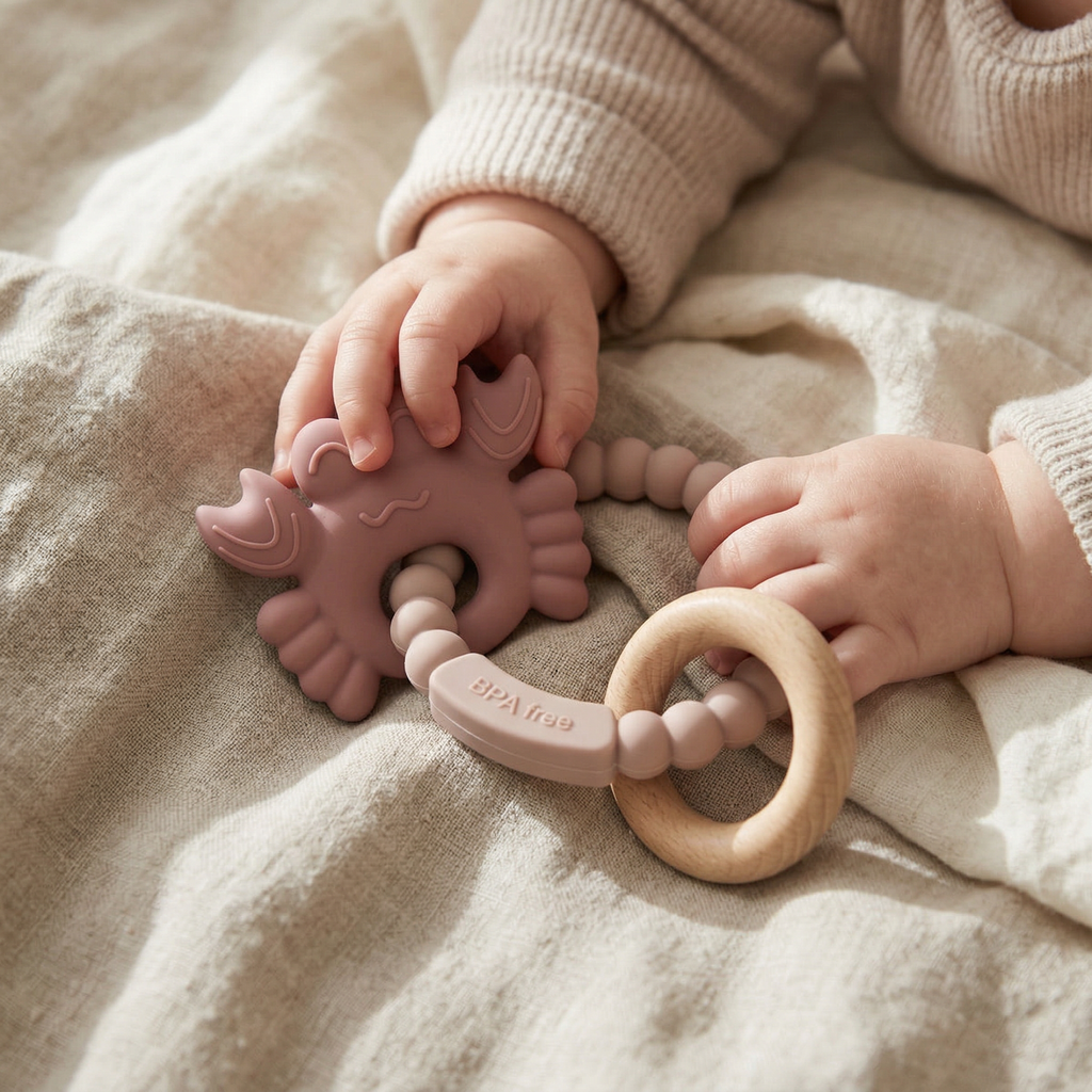 Soft pink silicone baby teether with beechwood ring