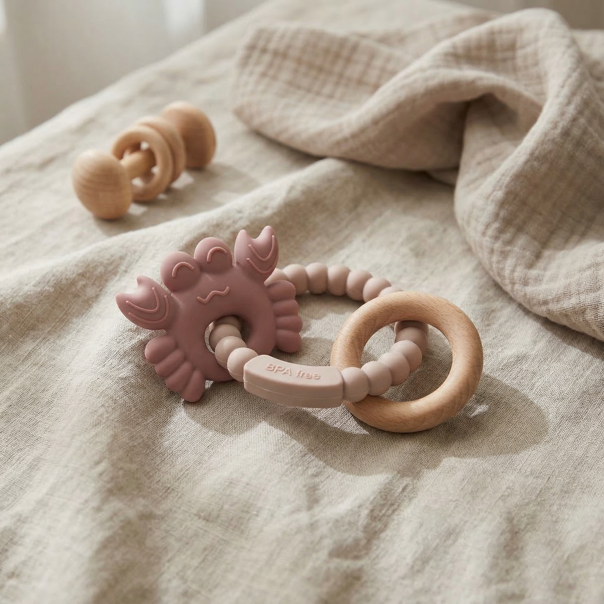 Soft pink silicone baby teether with beechwood ring