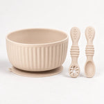 Ribbed silicone suction bowl and utensils set in Shifting Sand