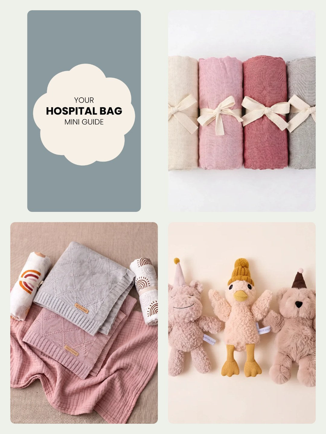 Hospital bag essentials: Hospital Bag Mini Guide, bamboo swaddles, knit blanket and swaddle bundle, and plush soft toys
