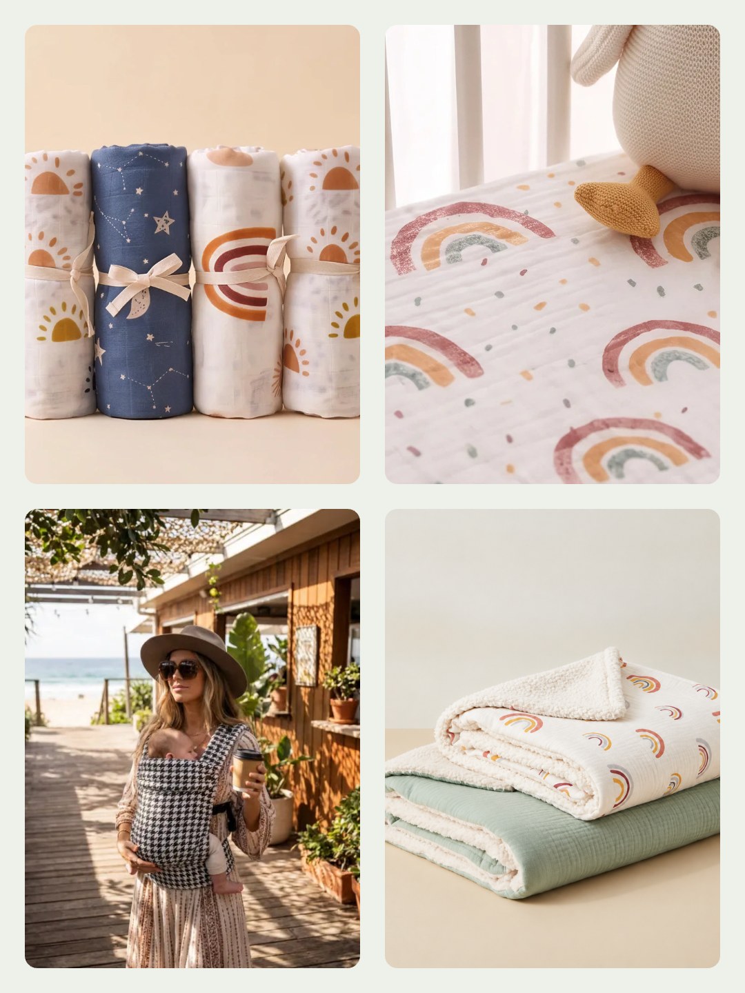 Newborn baby essentials: muslin swaddle, cot sheet, baby carrier and sherpa blanket