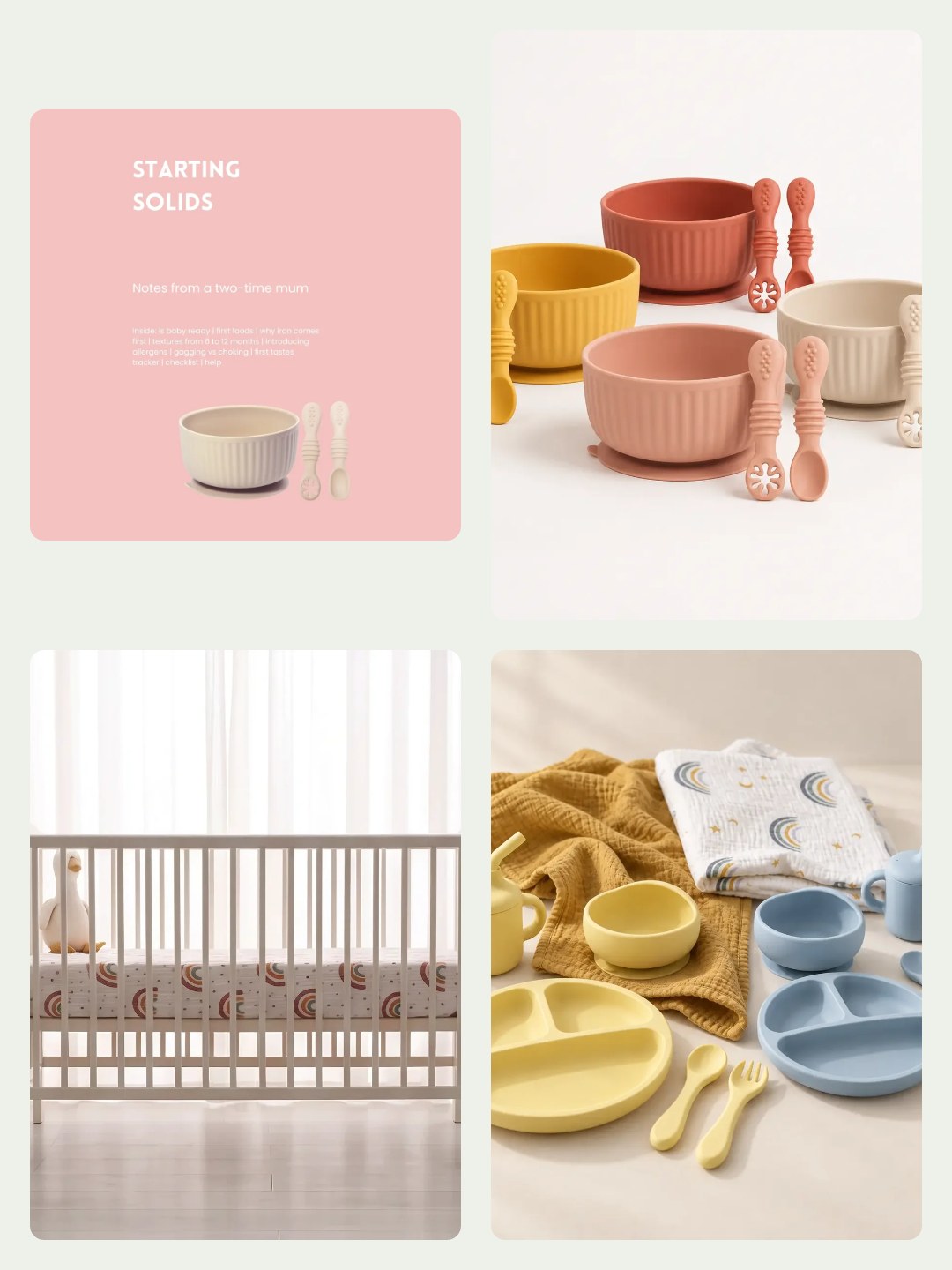 Baby essentials for 9 to 18 months: Starting Solids guide, silicone feeding sets, cot sheet and knit blanket