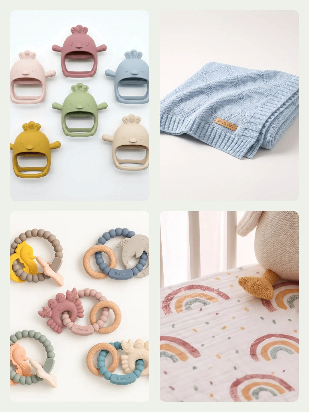 Baby essentials for 3 to 6 months: teethers, knit blanket and cot sheet