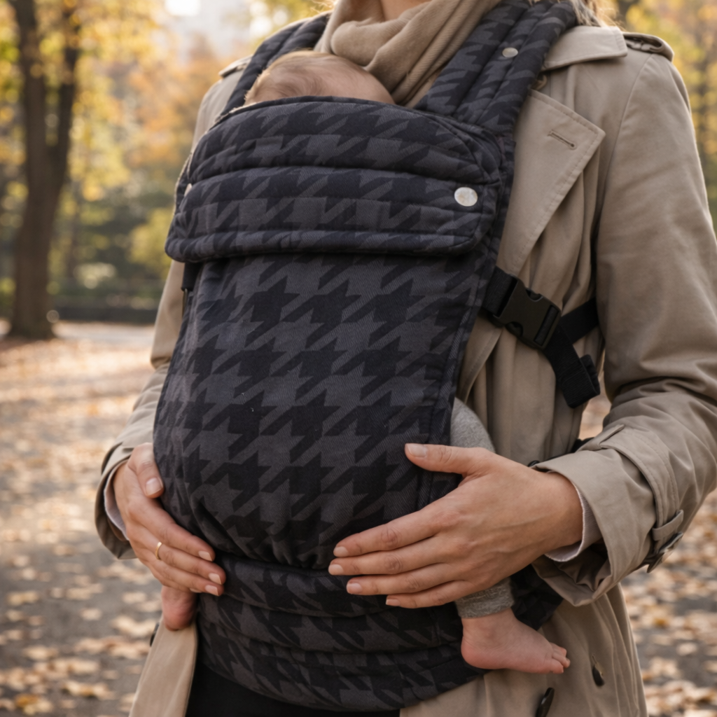 Storm grey baby carrier worn outdoors structured ergonomic fit