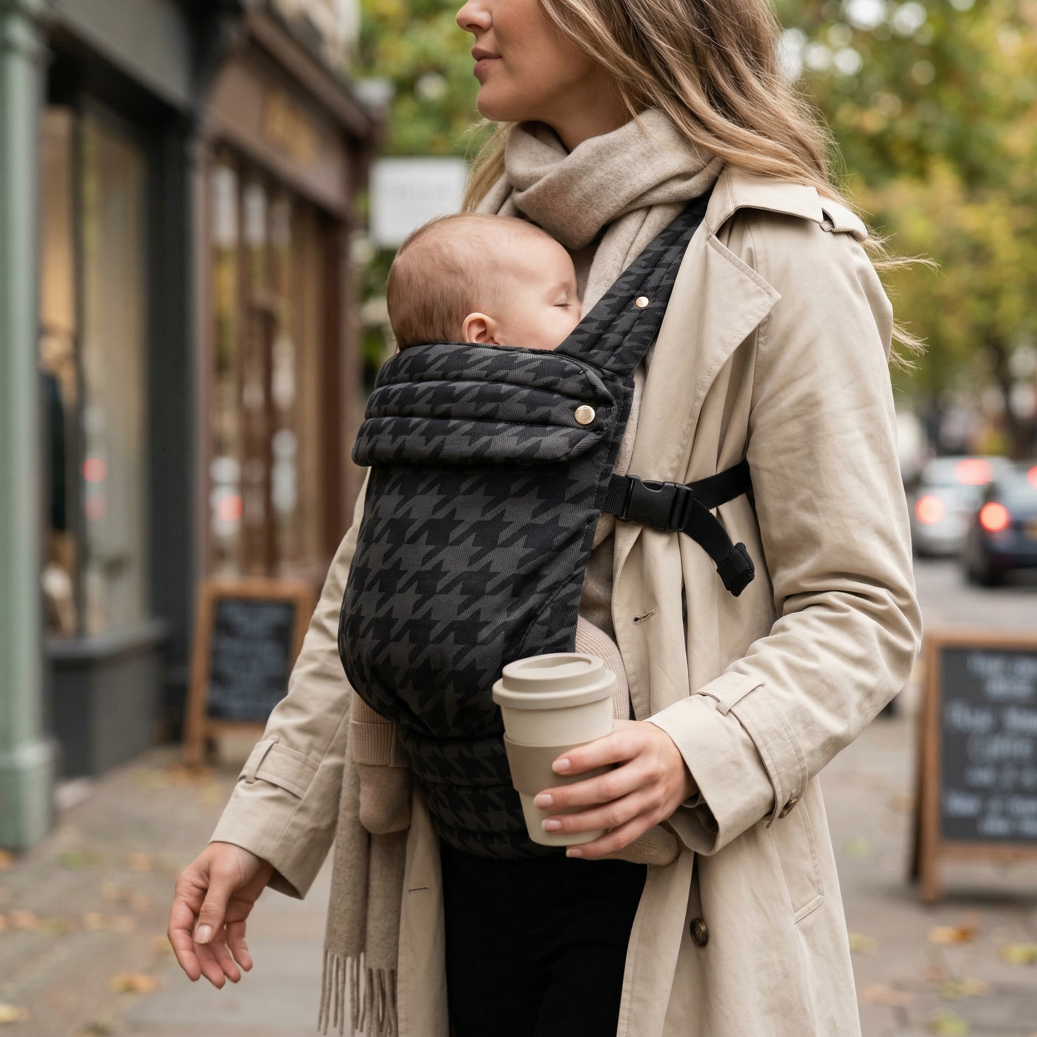 Storm grey baby carrier worn outdoors structured ergonomic fit