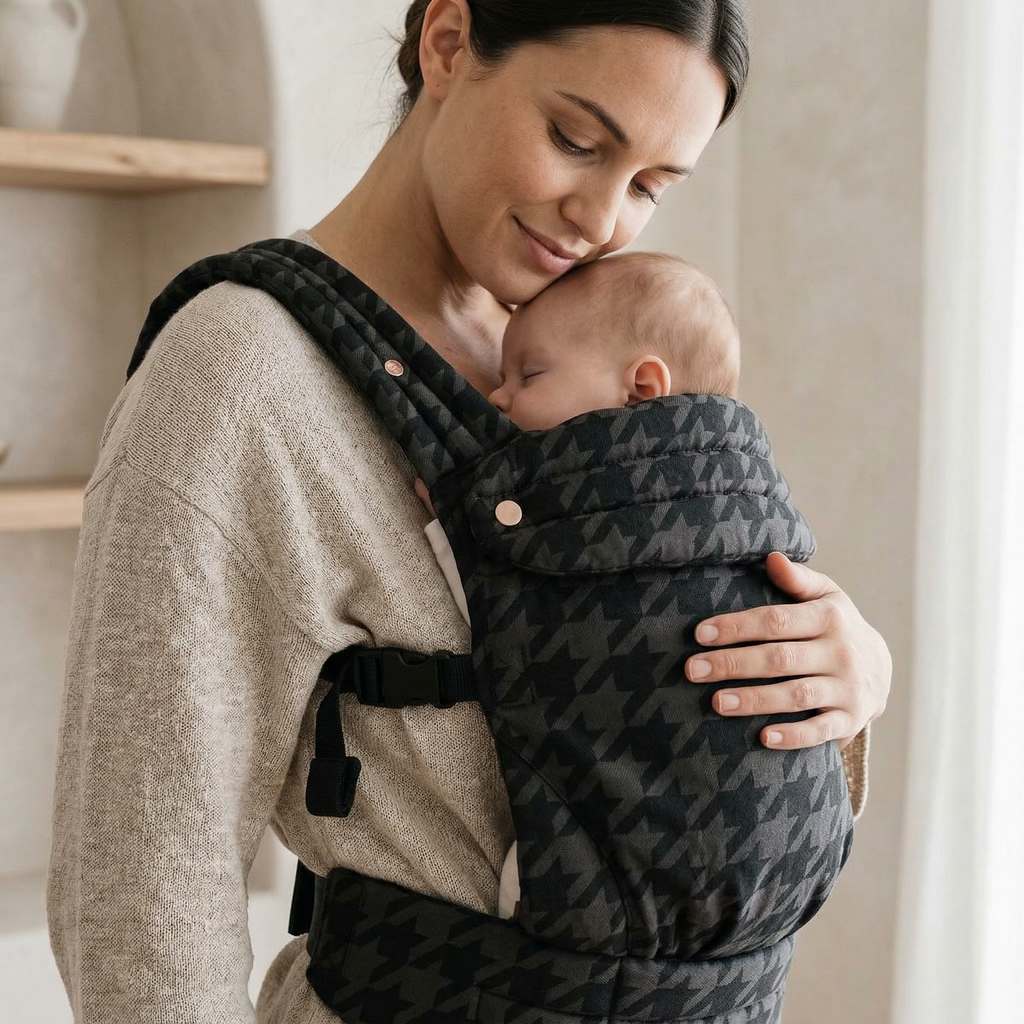 Storm grey baby carrier worn outdoors structured ergonomic fit