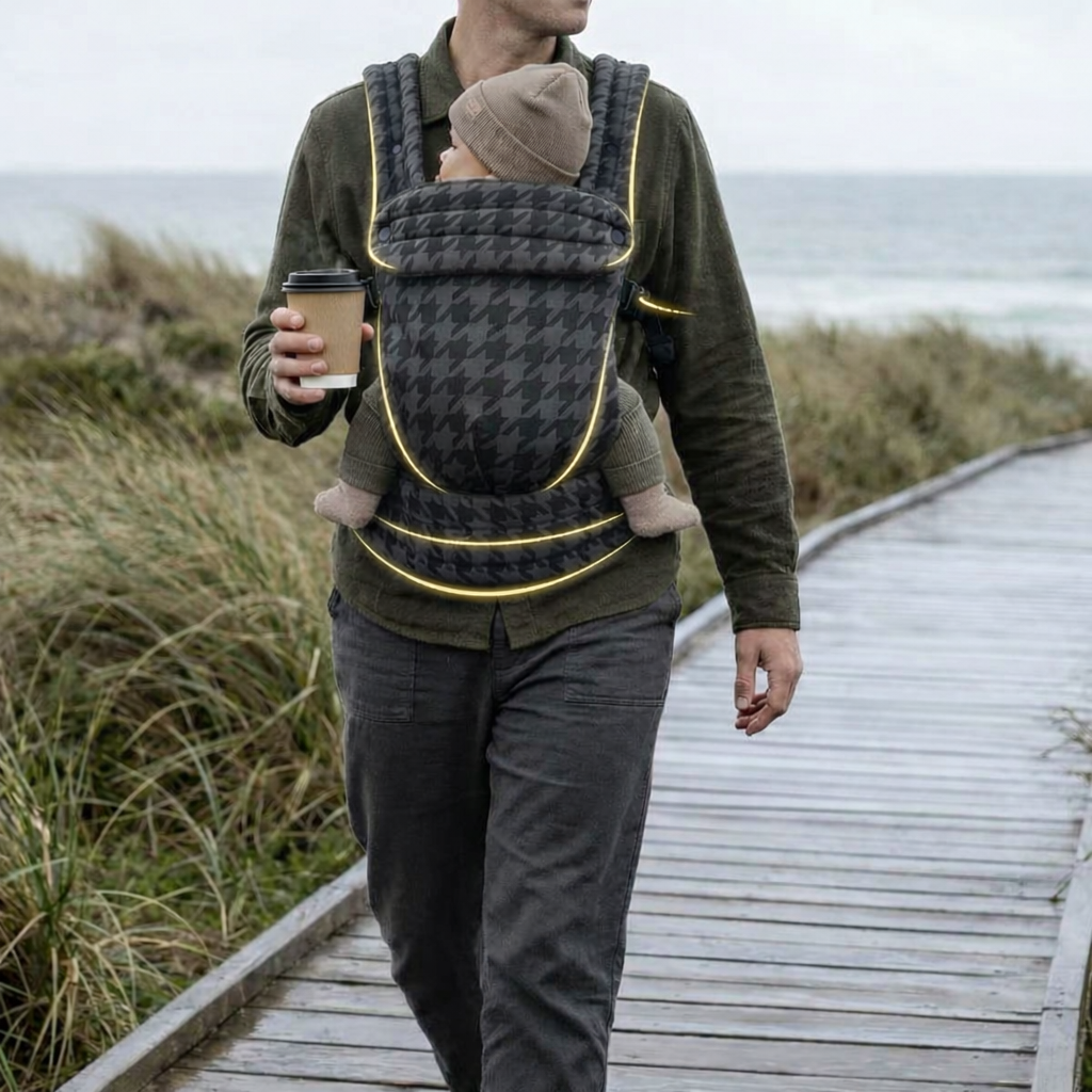 Storm grey baby carrier worn outdoors structured ergonomic fit