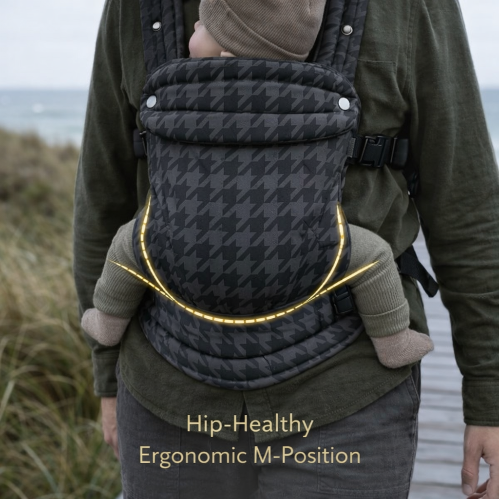 Storm grey baby carrier worn outdoors structured ergonomic fit