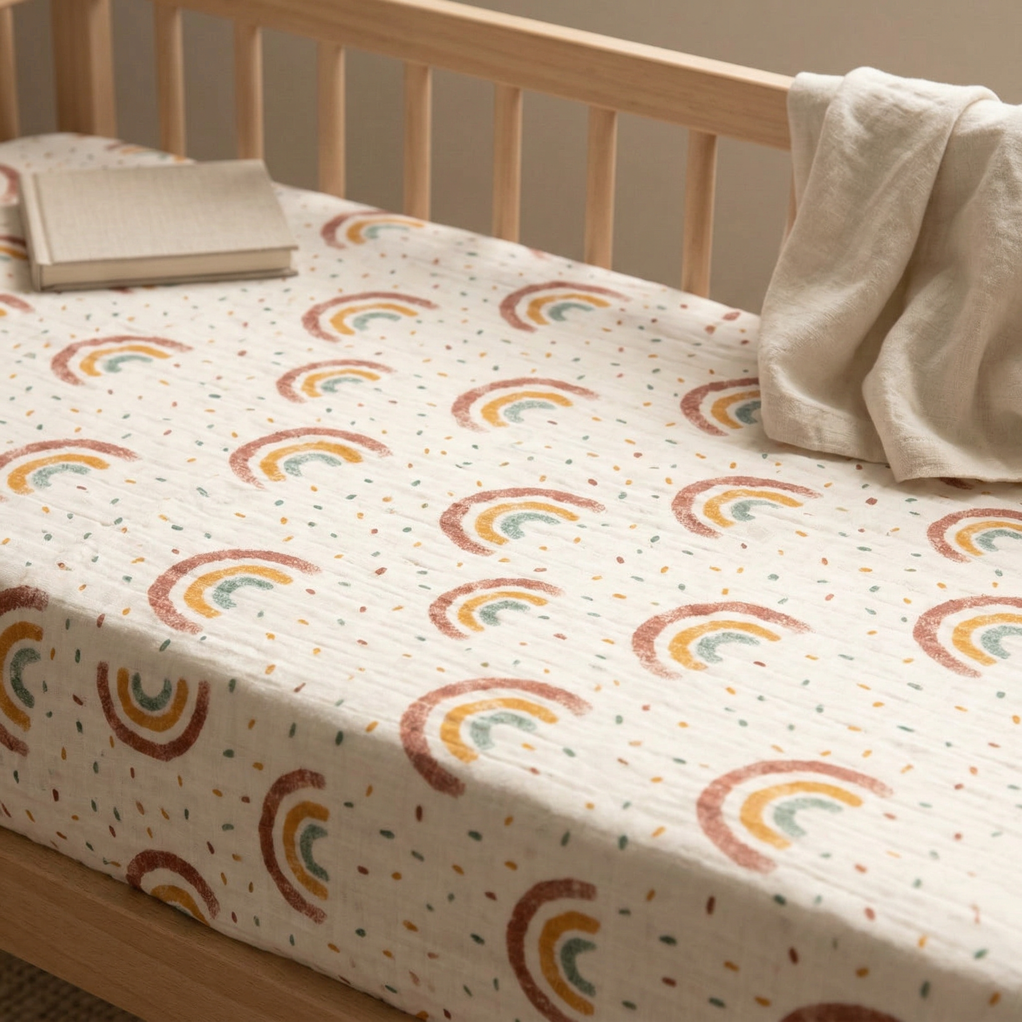 Patterned cot sheet neutral print in warm neutral tones