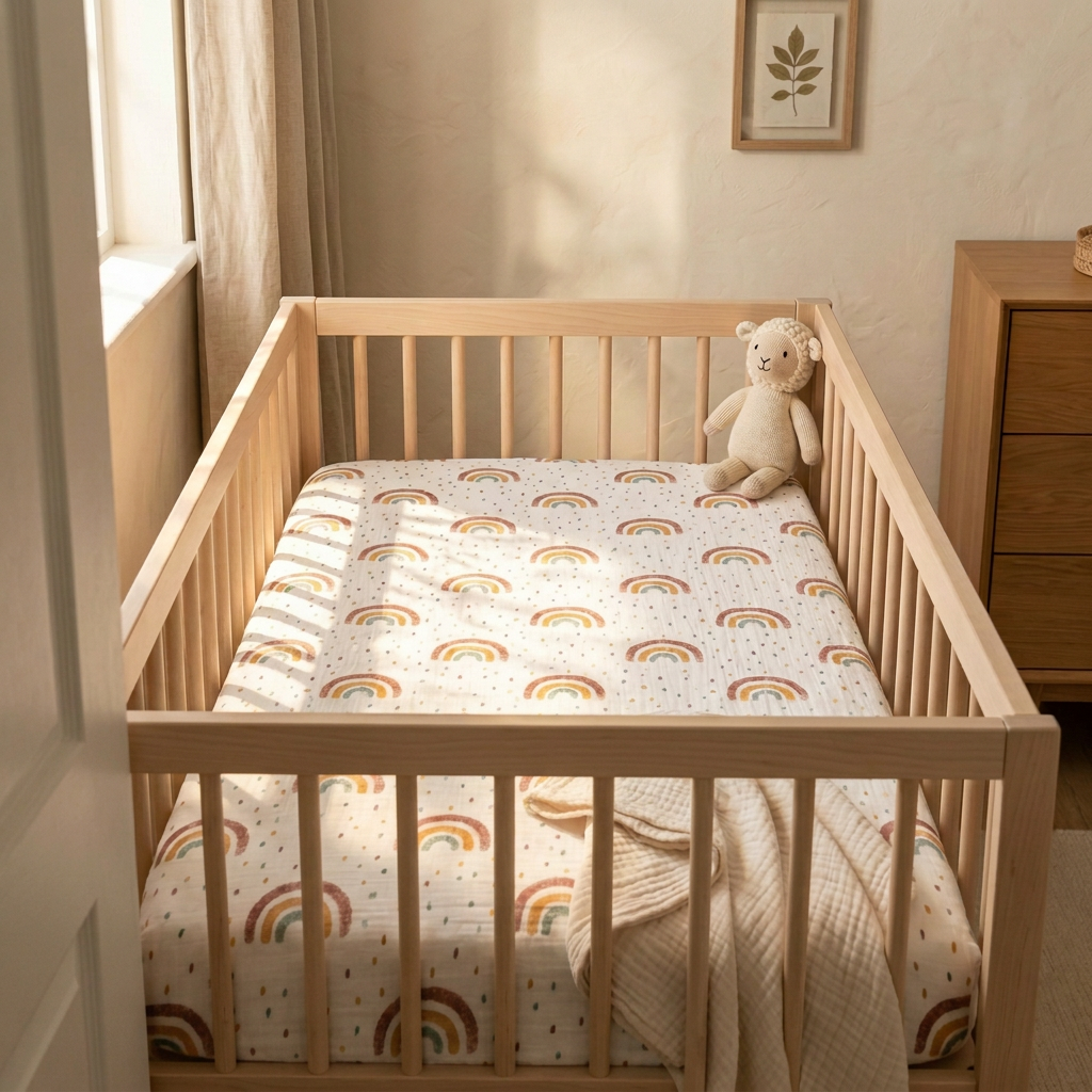 Patterned cot sheet sunbeam print in warm neutral tones