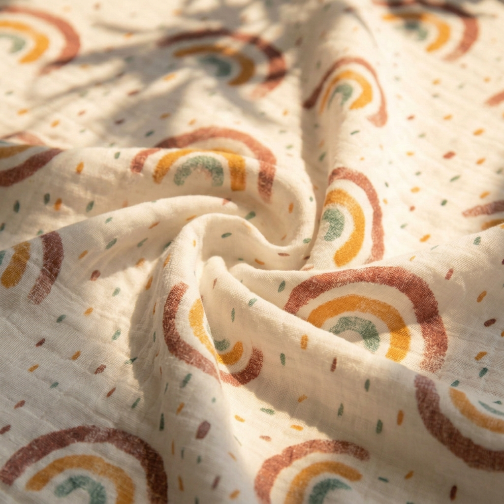 Patterned cot sheet neutral print in warm neutral tones
