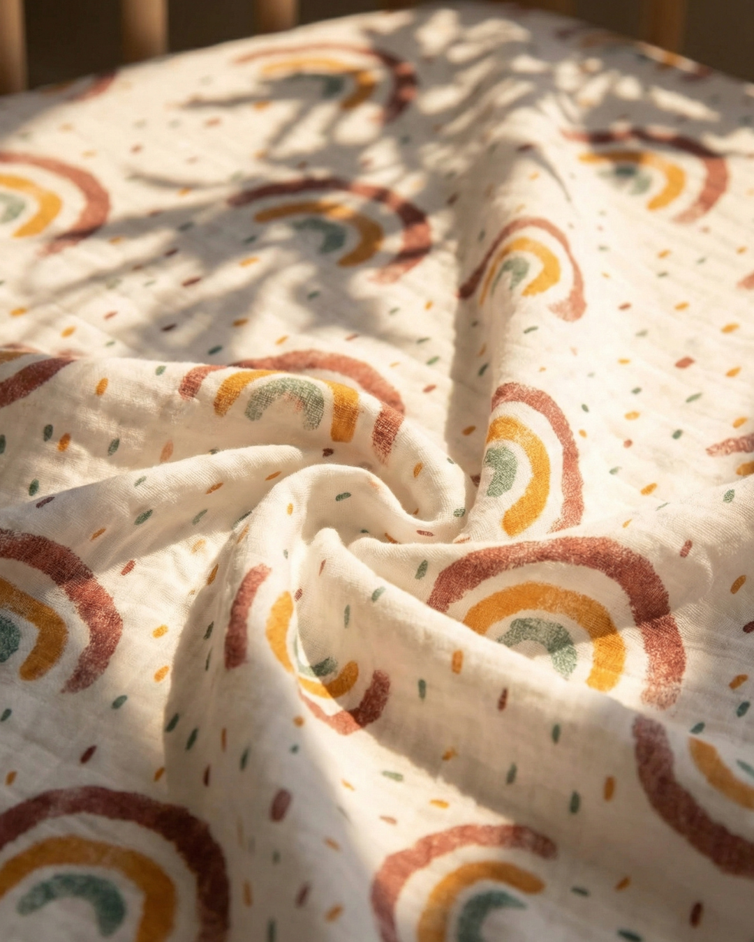 Patterned cot sheet neutral print in warm neutral tones