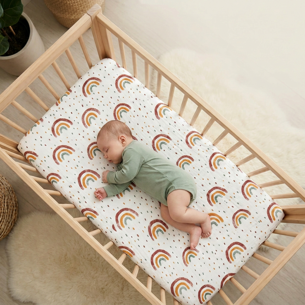 Patterned cot sheet neutral print in warm neutral tones