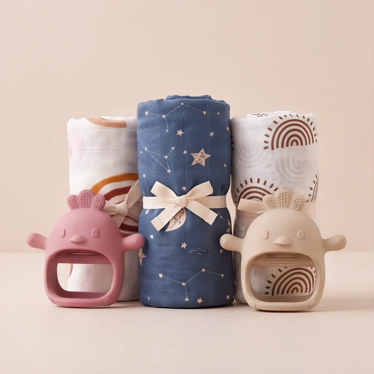 Swaddle and Soothe Duo, muslin baby swaddle and silicone teether gift set