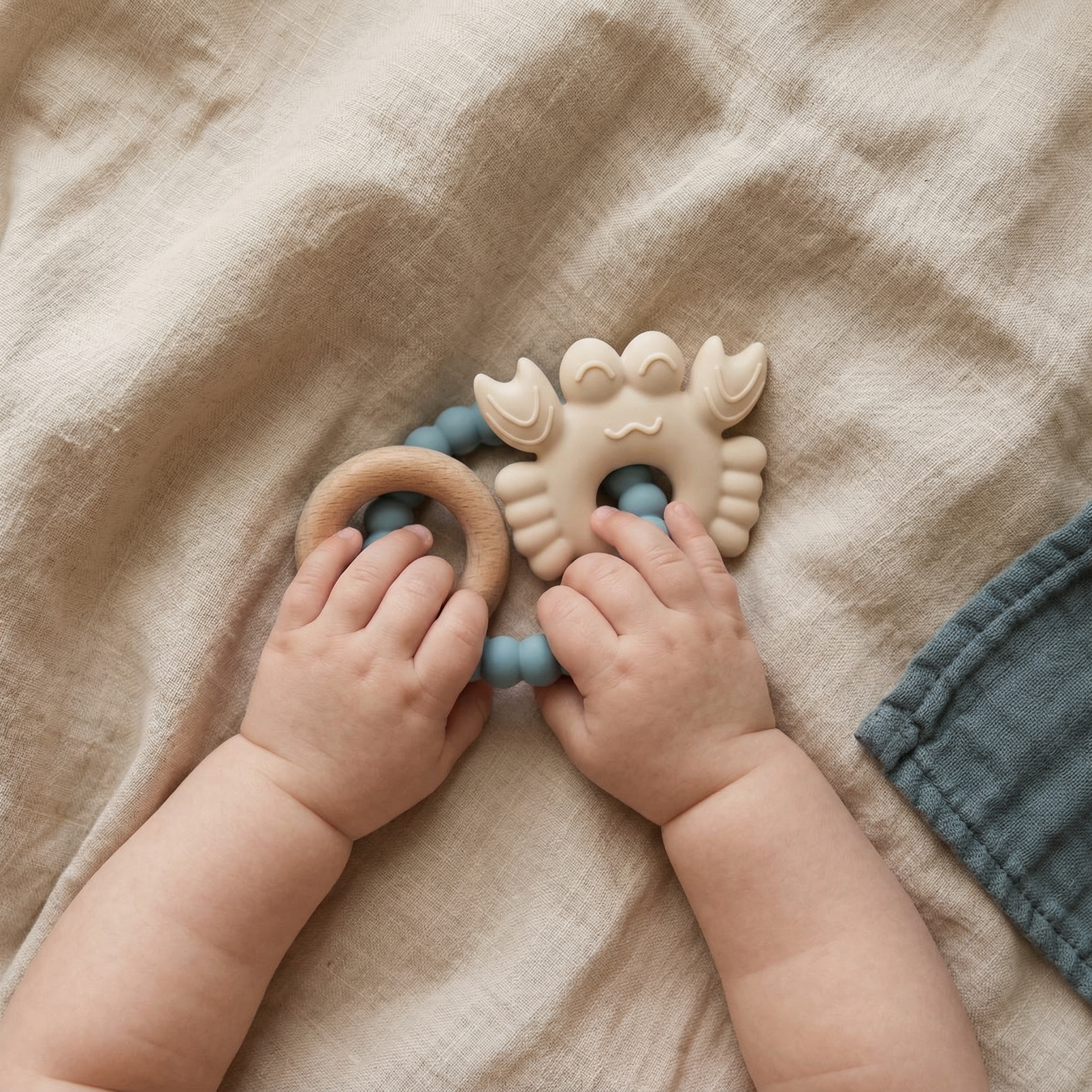 Blue and neutral silicone baby teether with beechwood ring tidal cove tones