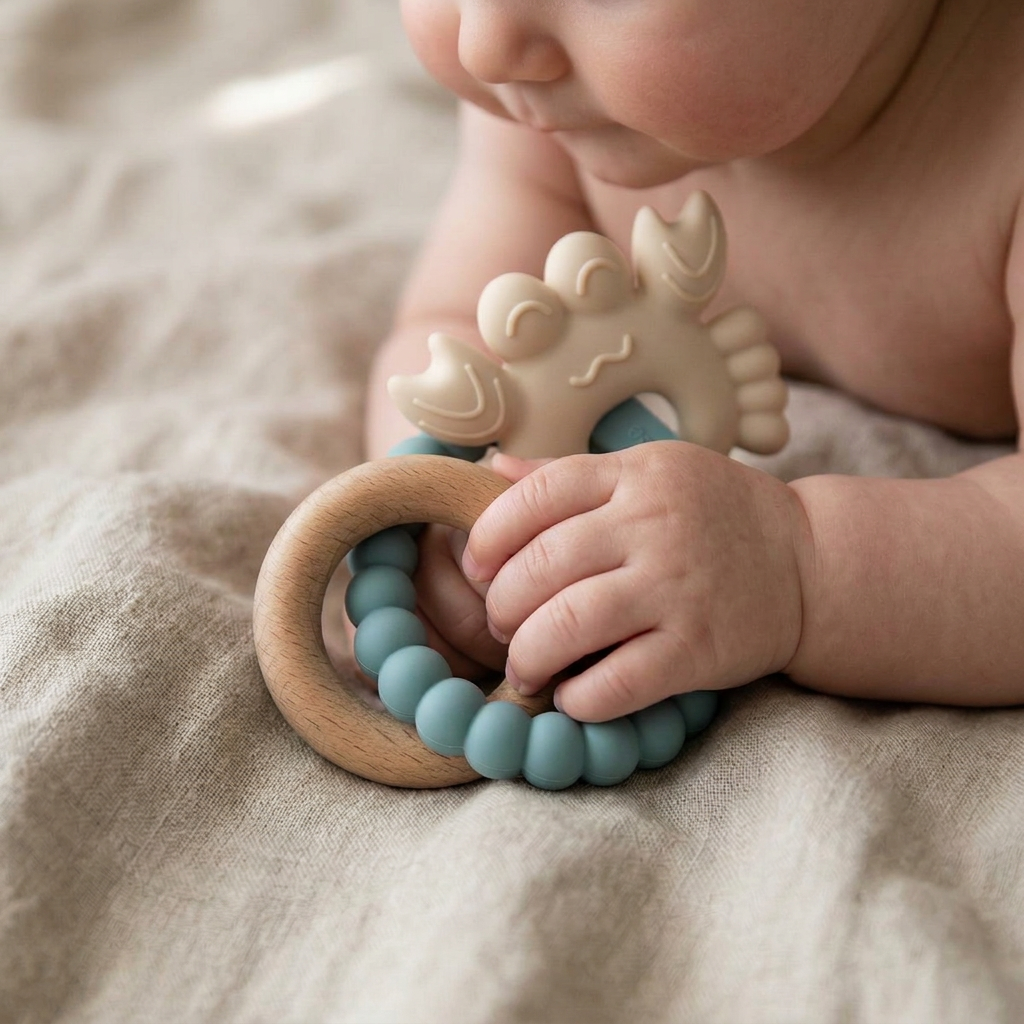 Blue and neutral silicone baby teether with beechwood ring tidal cove tones
