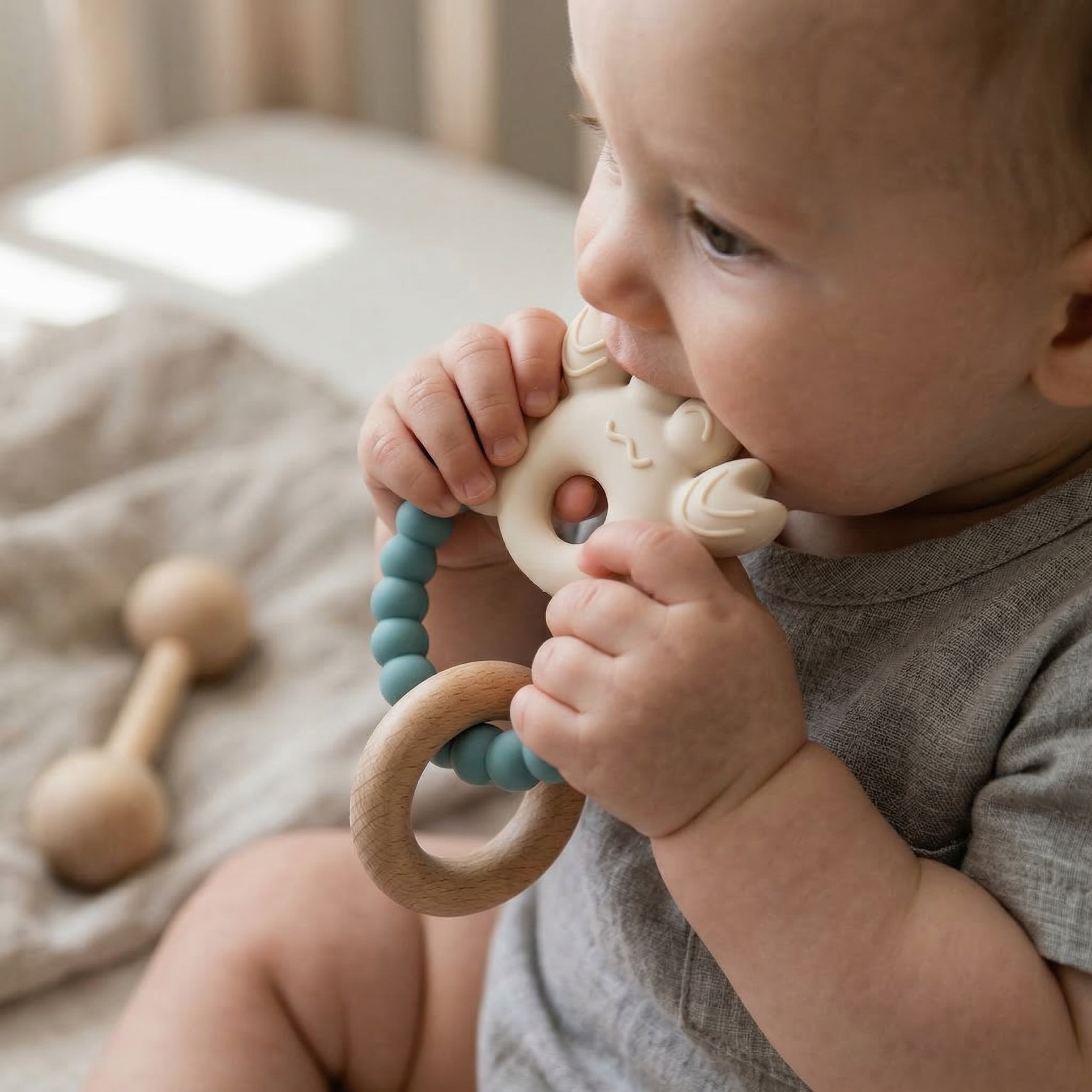 Blue and neutral silicone baby teether with beechwood ring tidal cove tones