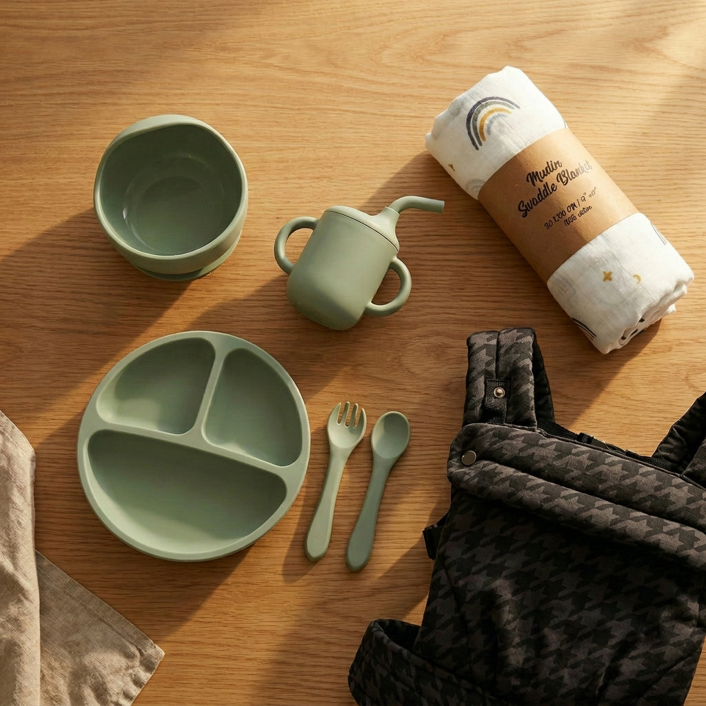 Silicone feeding set, dark houndstooth baby carrier, neutral swaddle flatlay