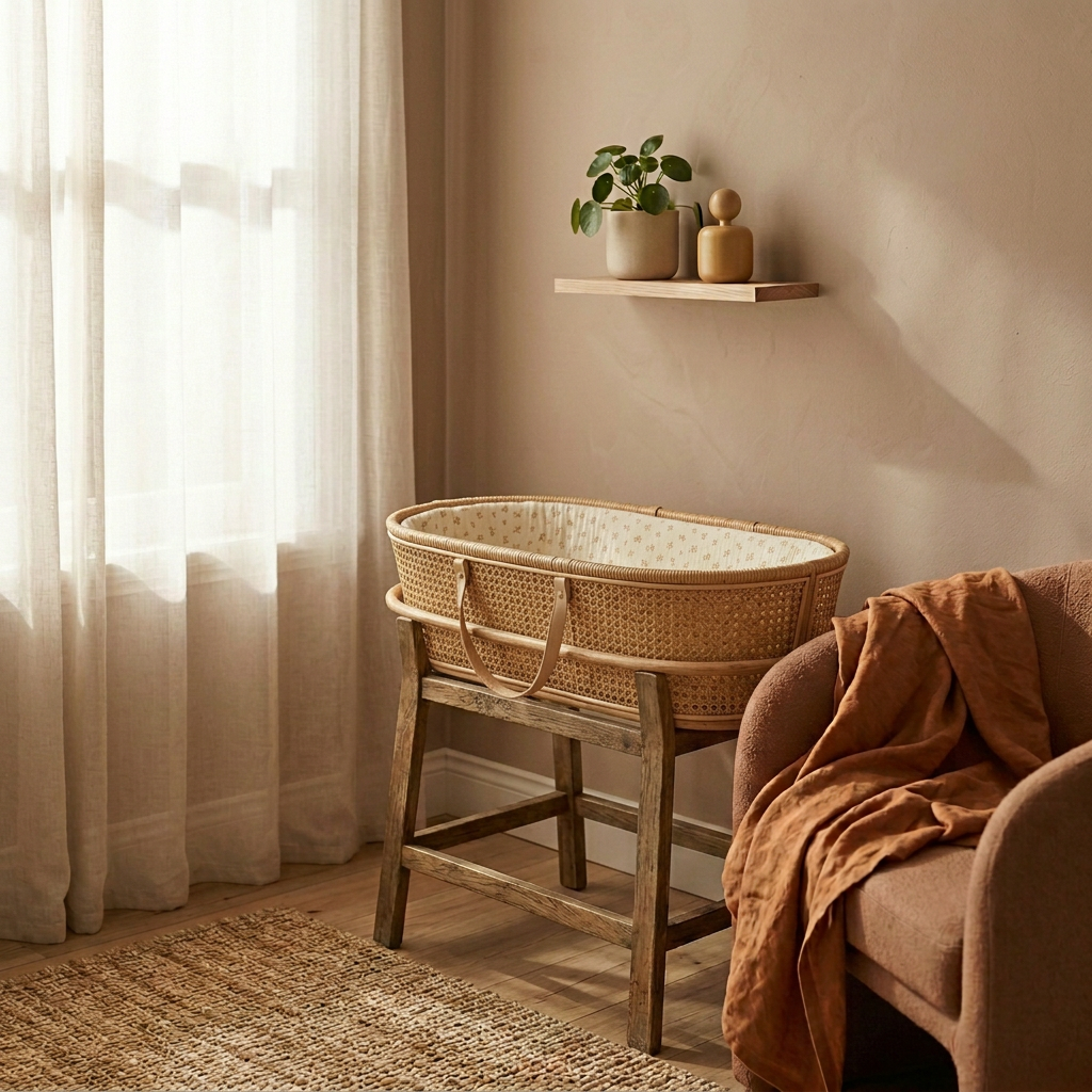 Nursery with wicker crib, plant, and shelf against a beige wall.