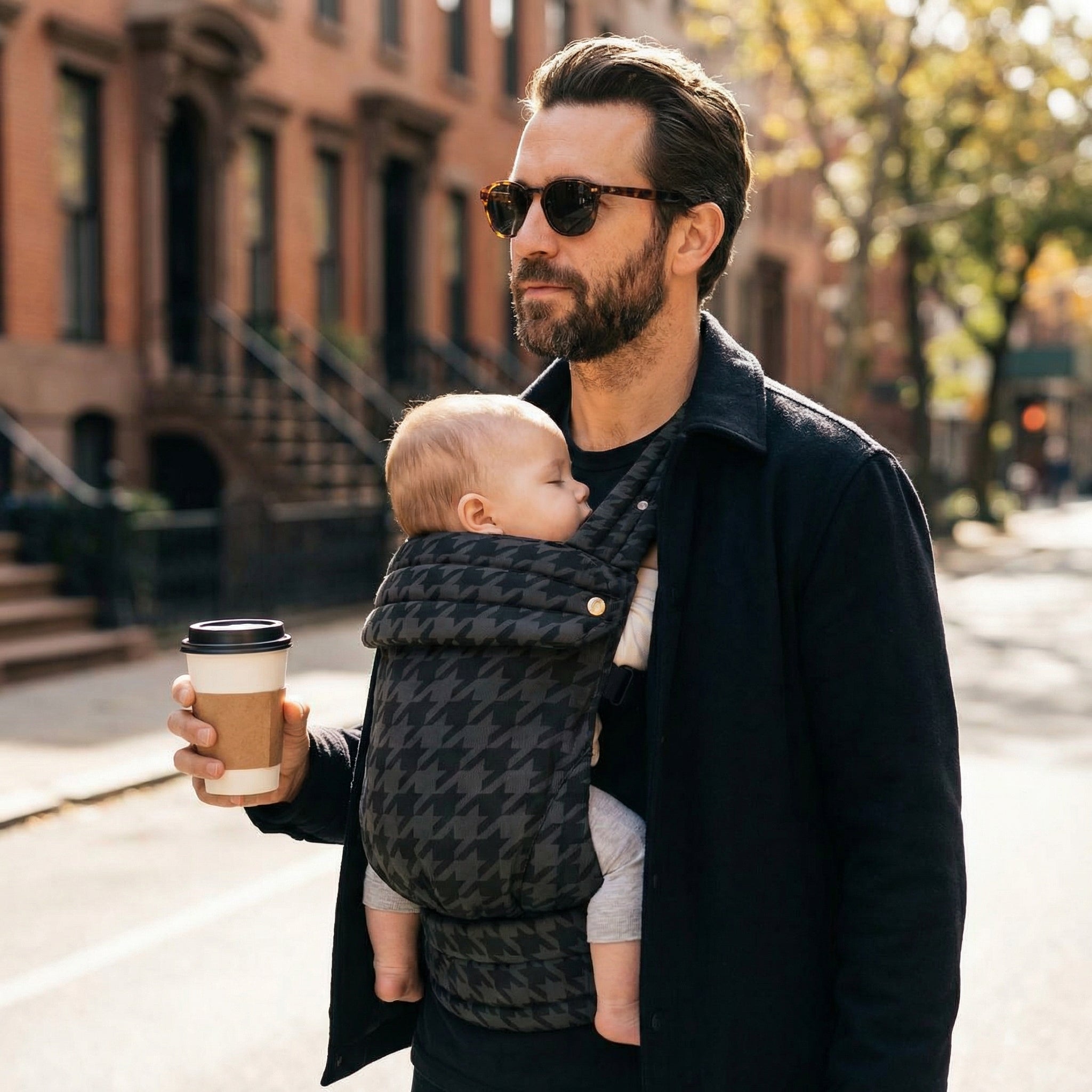 Storm grey baby carrier worn outdoors structured ergonomic fit