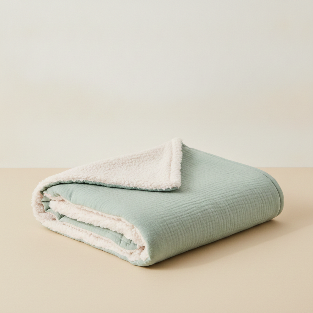 The Sherpa Blanket in Haven, folded green blanket flat lay (full folded product shot in sage green)